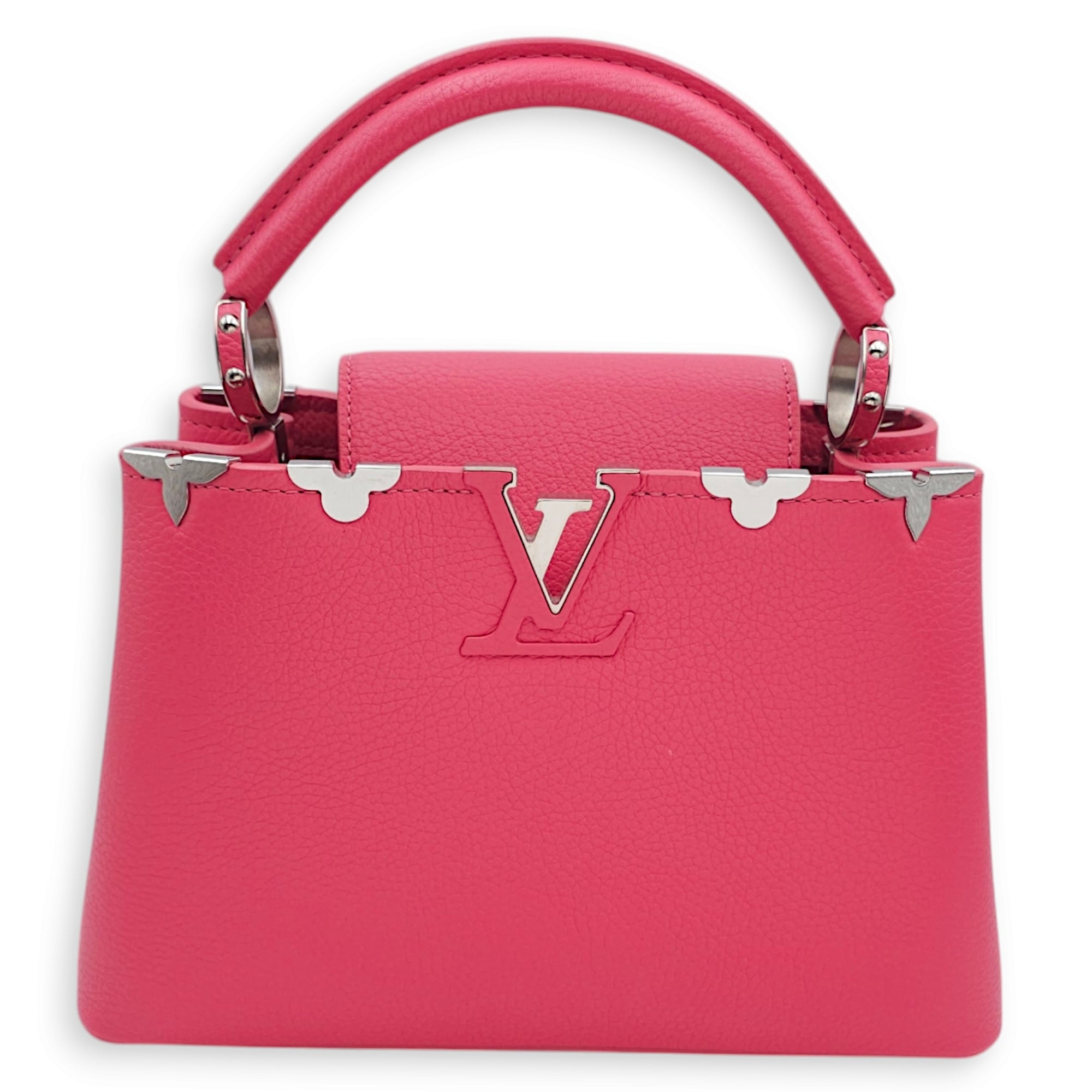 Capucines BB Pink Top Handle Bag in Taurillon Leather, Silver hardware