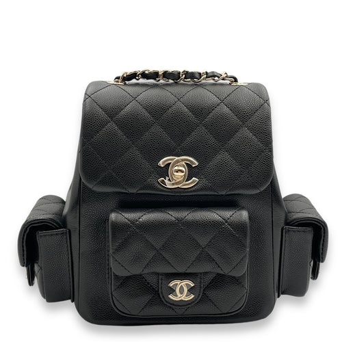 23K Quilted Triple Duma 19.5x18x10 Black Backpack in Caviar Leather, Gold hardware