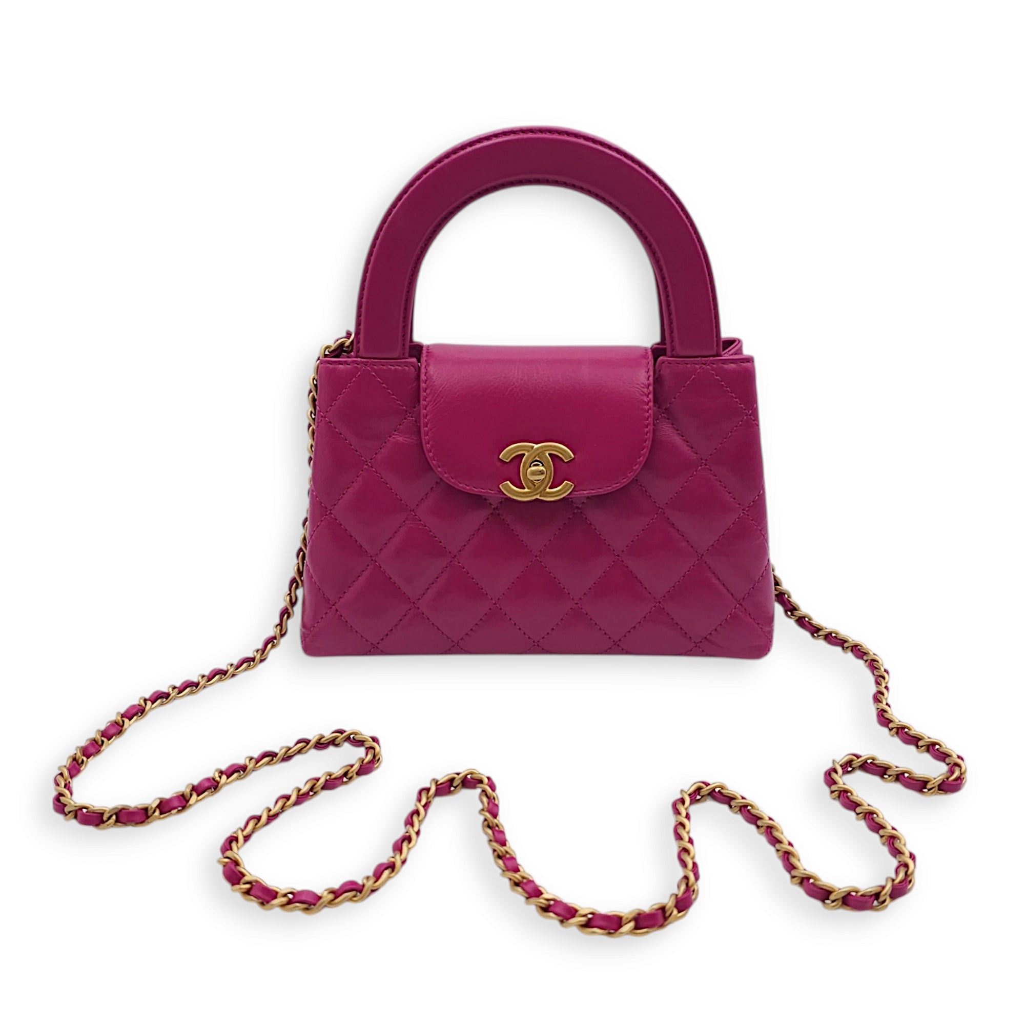 Kelly 19cm Magenta Top Handle Bag in Shiny Calf, Gold hardware