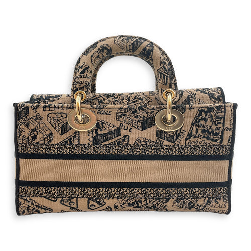 Lady D-Joy Plan de Paris Medium Brown/Black Top Handle Bag in Jacquard, Gold hardware