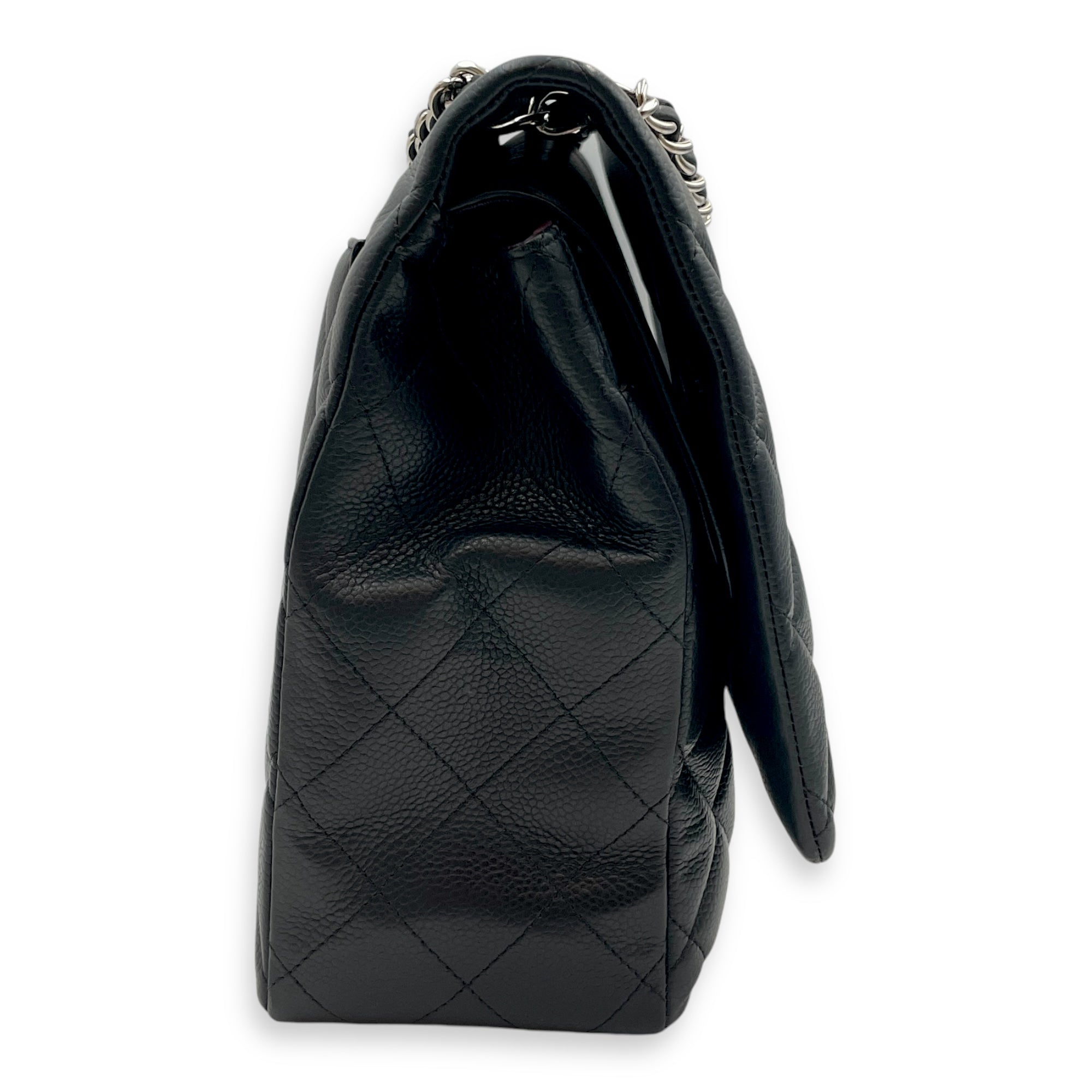 Classic Double Flap Maxi Black Shoulder Bag in Caviar Leather, Silver hardware