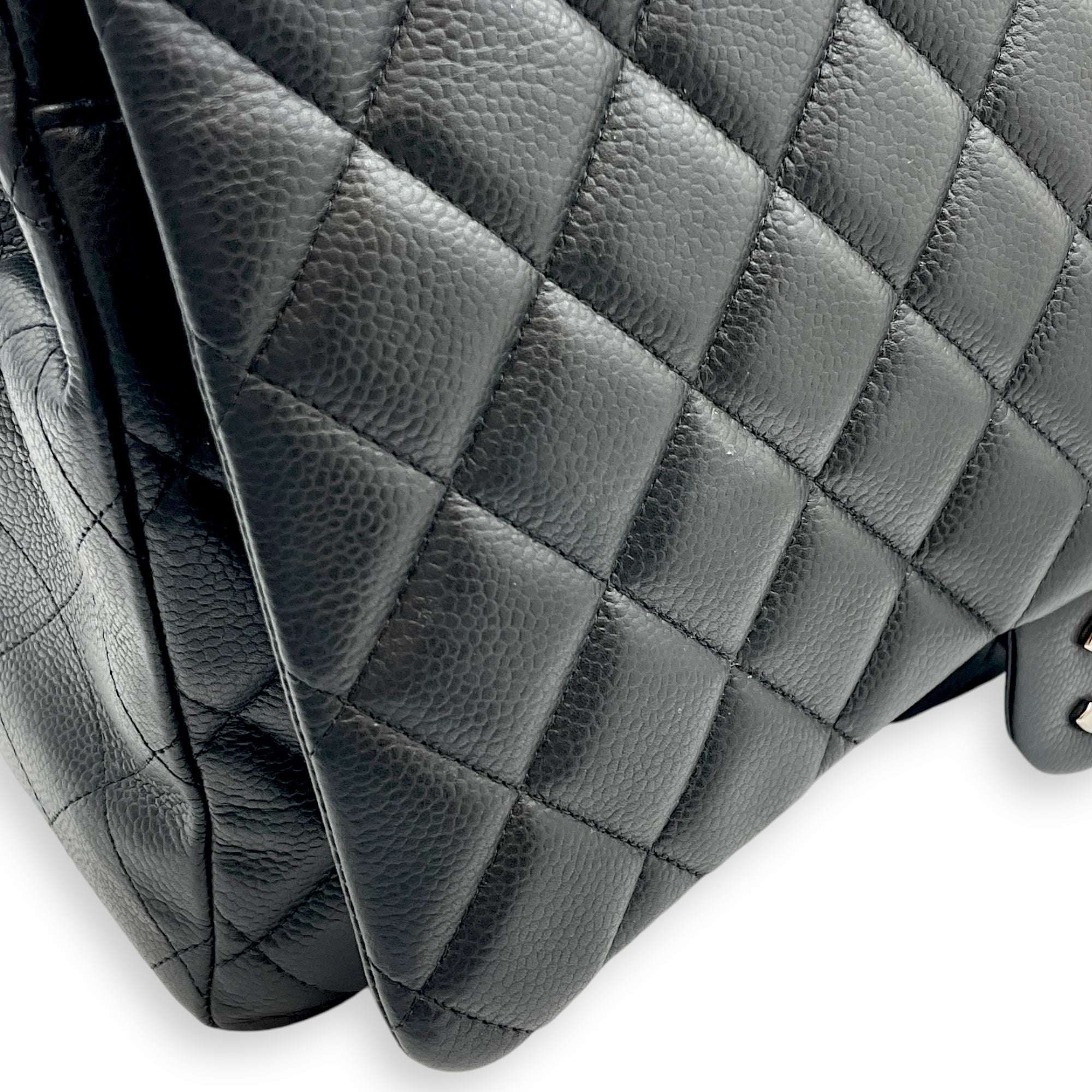 Classic Double Flap Maxi Black Shoulder Bag in Caviar Leather, Silver hardware