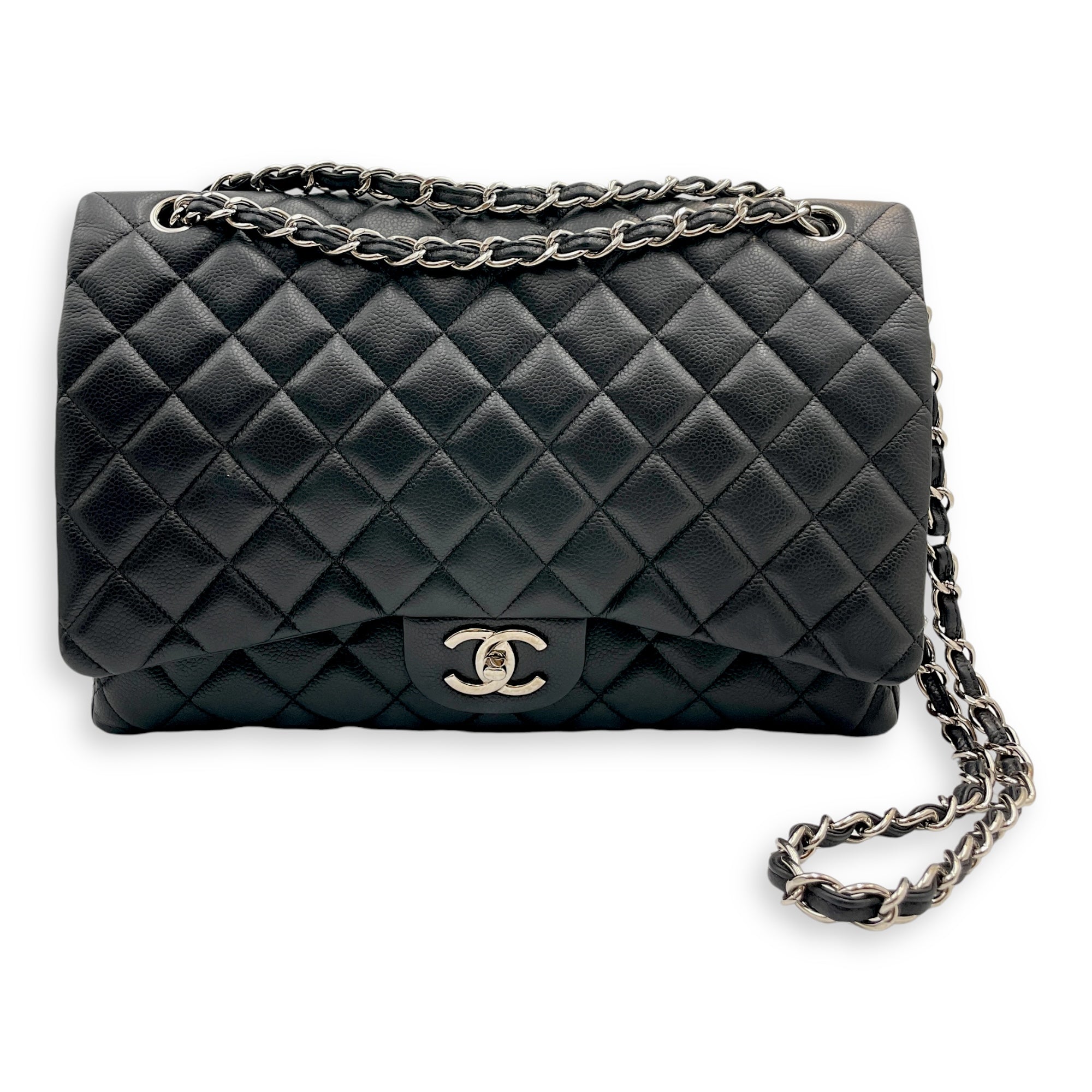 Classic Double Flap Maxi Black Shoulder Bag in Caviar Leather, Silver hardware