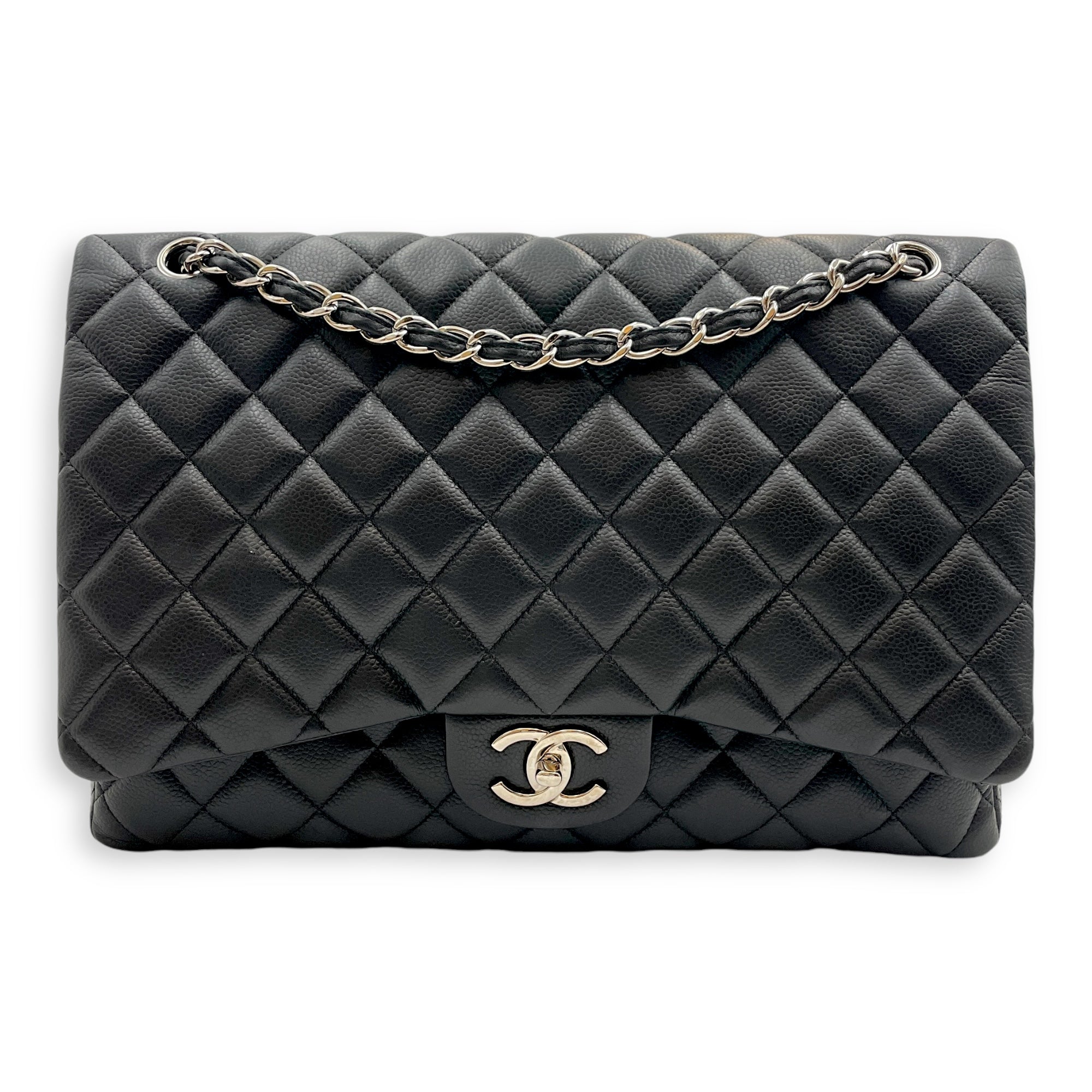 Classic Double Flap Maxi Black Shoulder Bag in Caviar Leather, Silver hardware