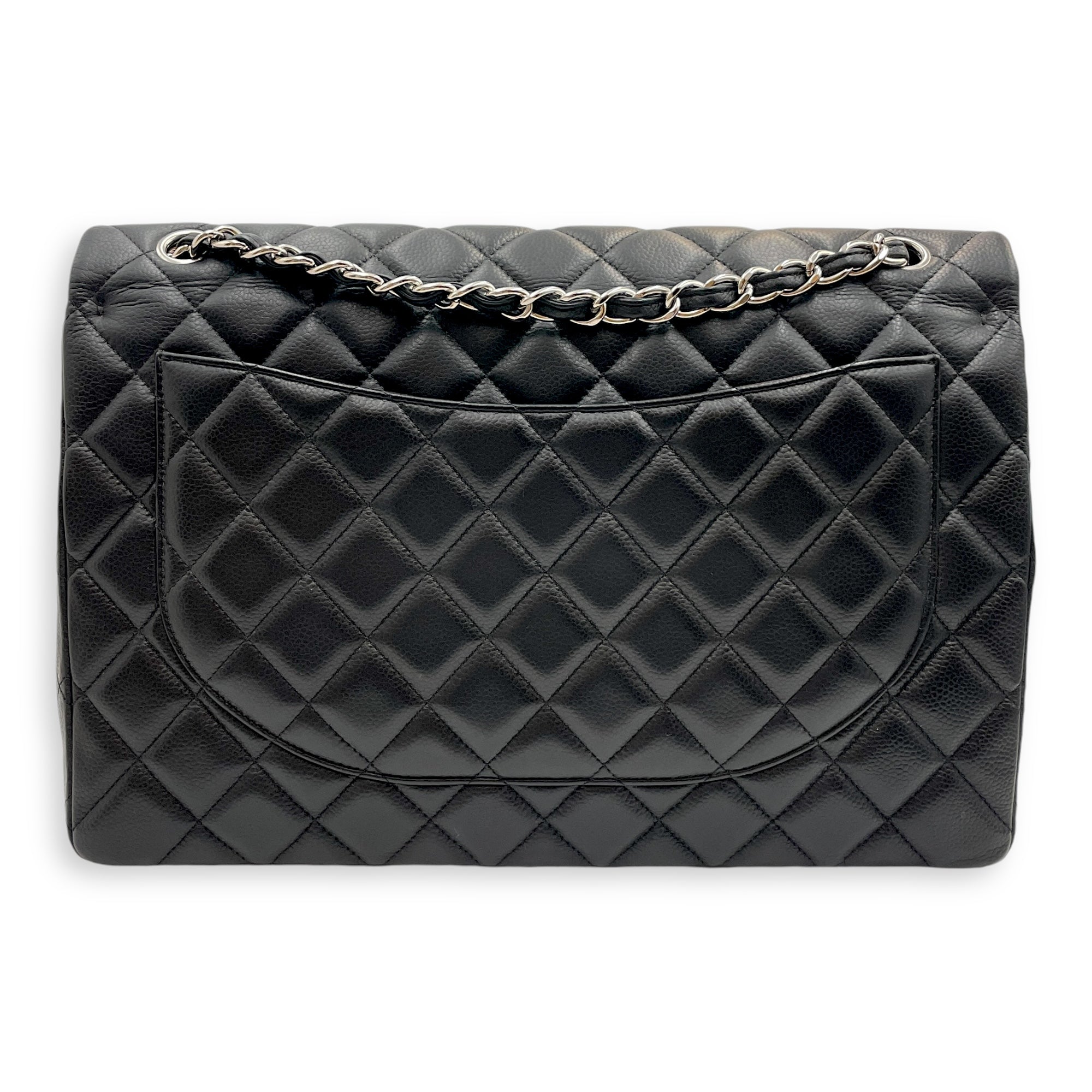 Classic Double Flap Maxi Black Shoulder Bag in Caviar Leather, Silver hardware