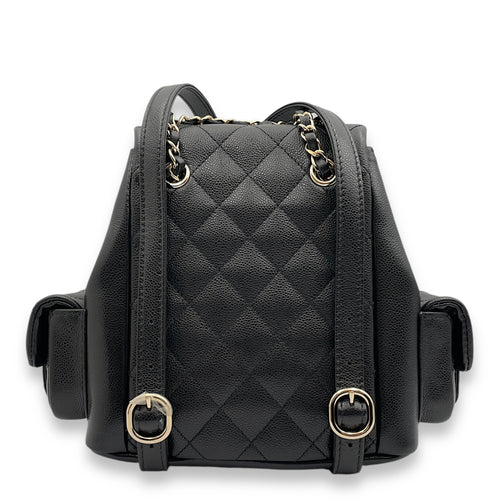 23K Quilted Triple Duma 19.5x18x10 Black Backpack in Caviar Leather, Gold hardware