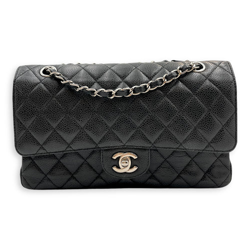 Classic Double Flap Medium Black Shoulder Bag in Caviar Leather, Silver hardware