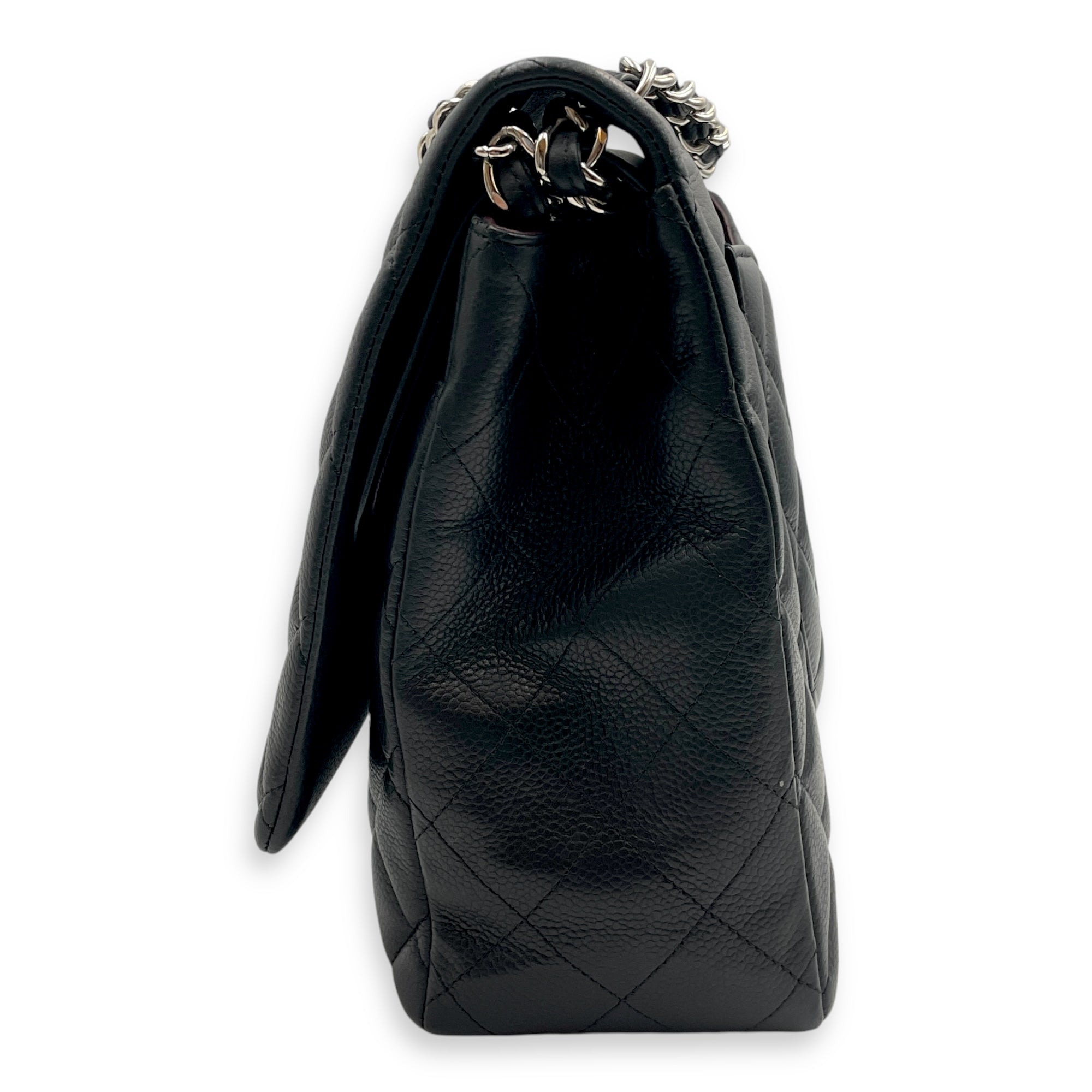 Classic Double Flap Maxi Black Shoulder Bag in Caviar Leather, Silver hardware