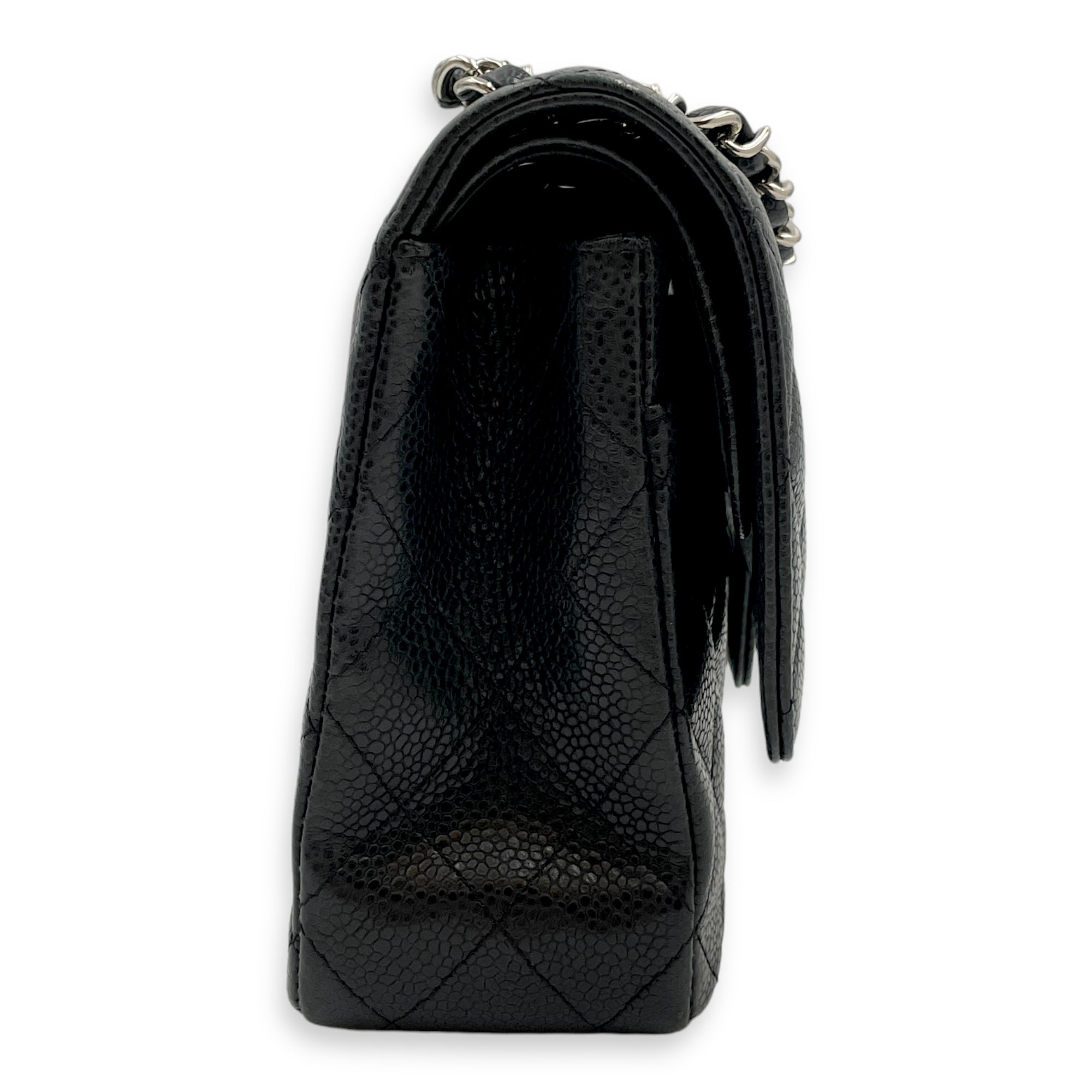 Classic Double Flap Medium Black Shoulder Bag in Caviar Leather, Silver hardware