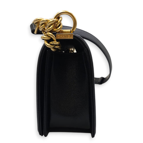 Quilted Boy Medium Black Crossbody Bag in Caviar Leather, Gold hardware