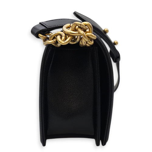 Quilted Boy Medium Black Crossbody Bag in Caviar Leather, Gold hardware