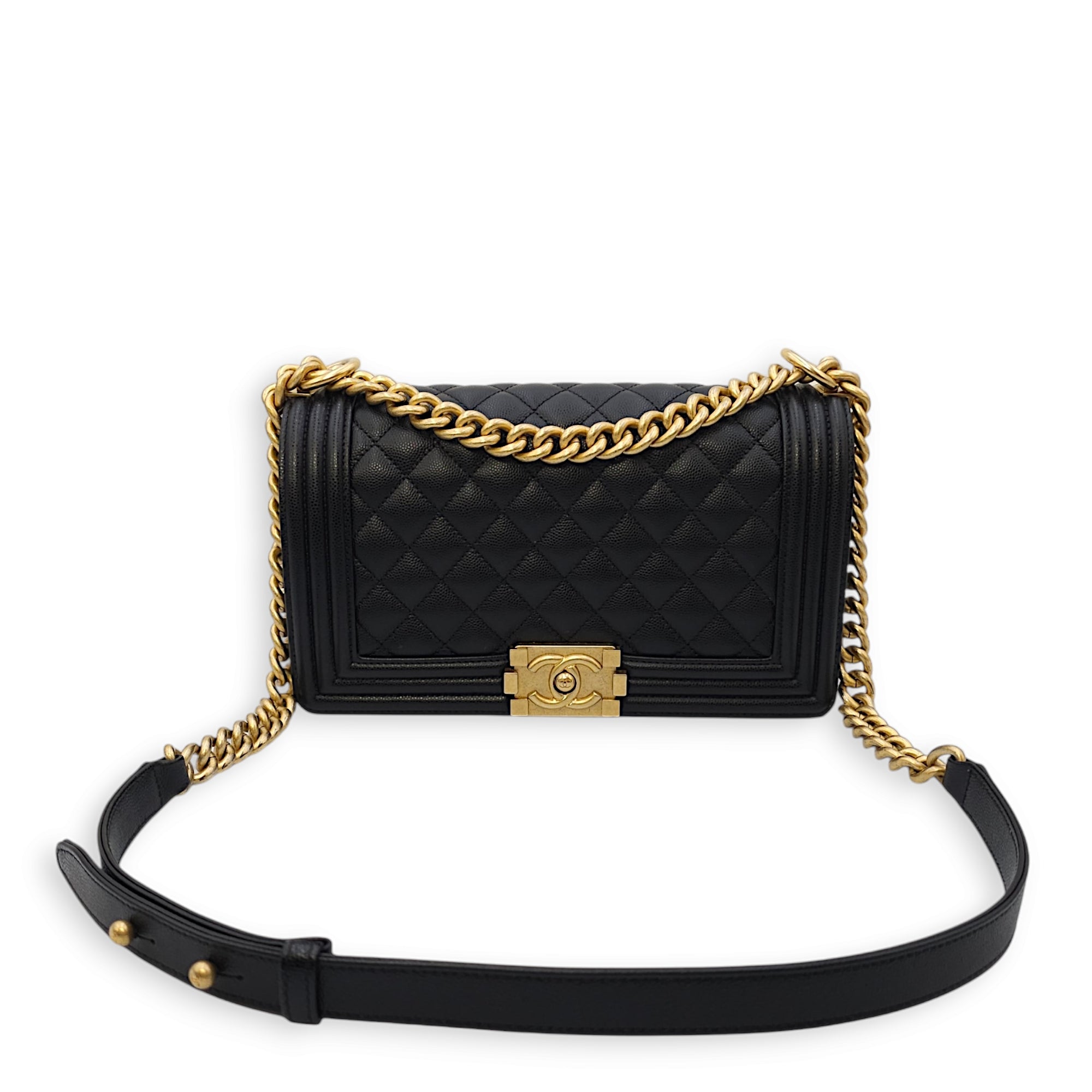 Quilted Boy Medium Black Crossbody Bag in Caviar Leather, Gold hardware