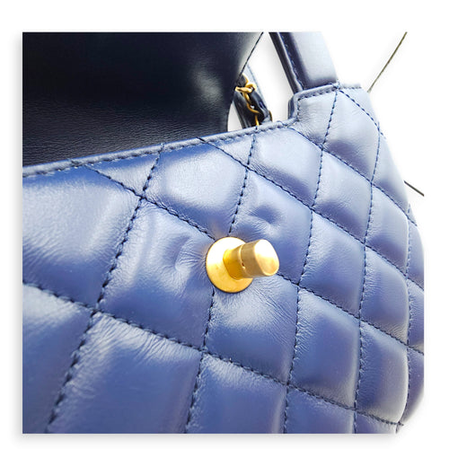 Kelly 19x12x5cm Blue Top Handle Bag in Shiny Calf, Gold hardware