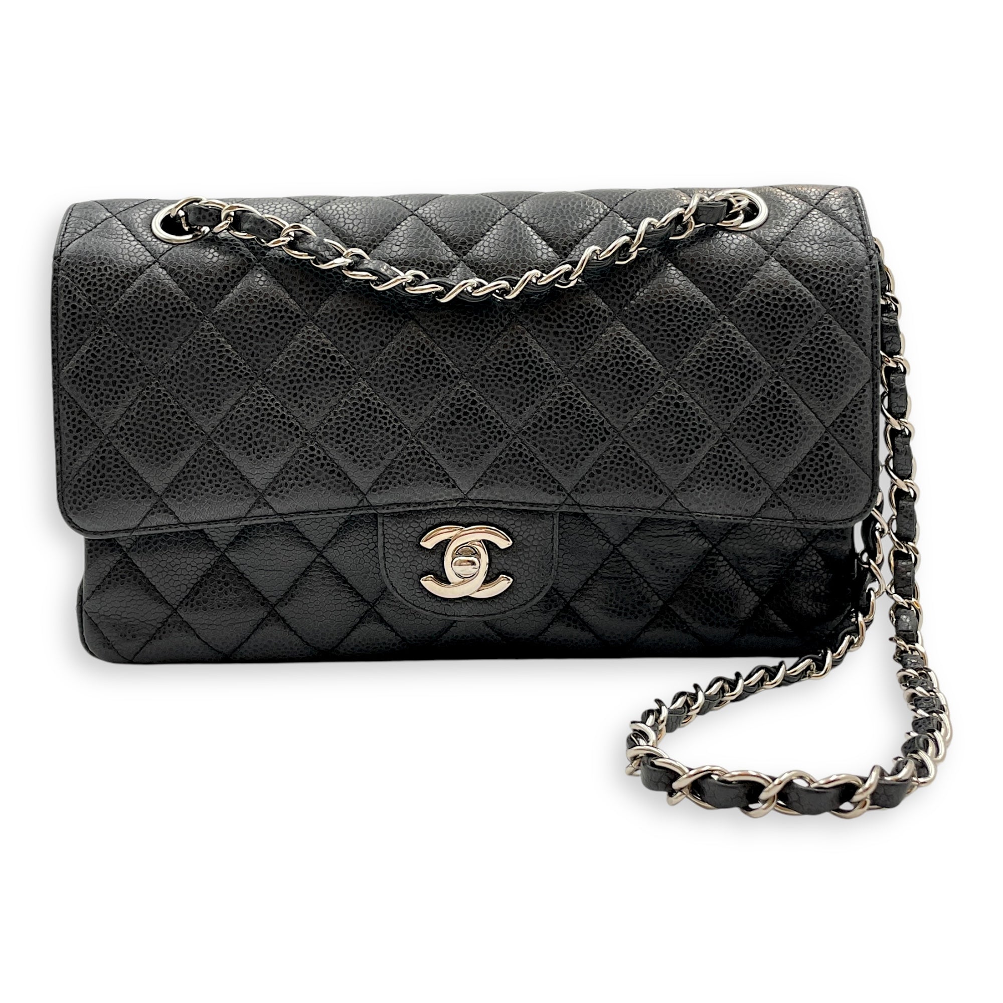 Classic Double Flap Medium Black Shoulder Bag in Caviar Leather, Silver hardware