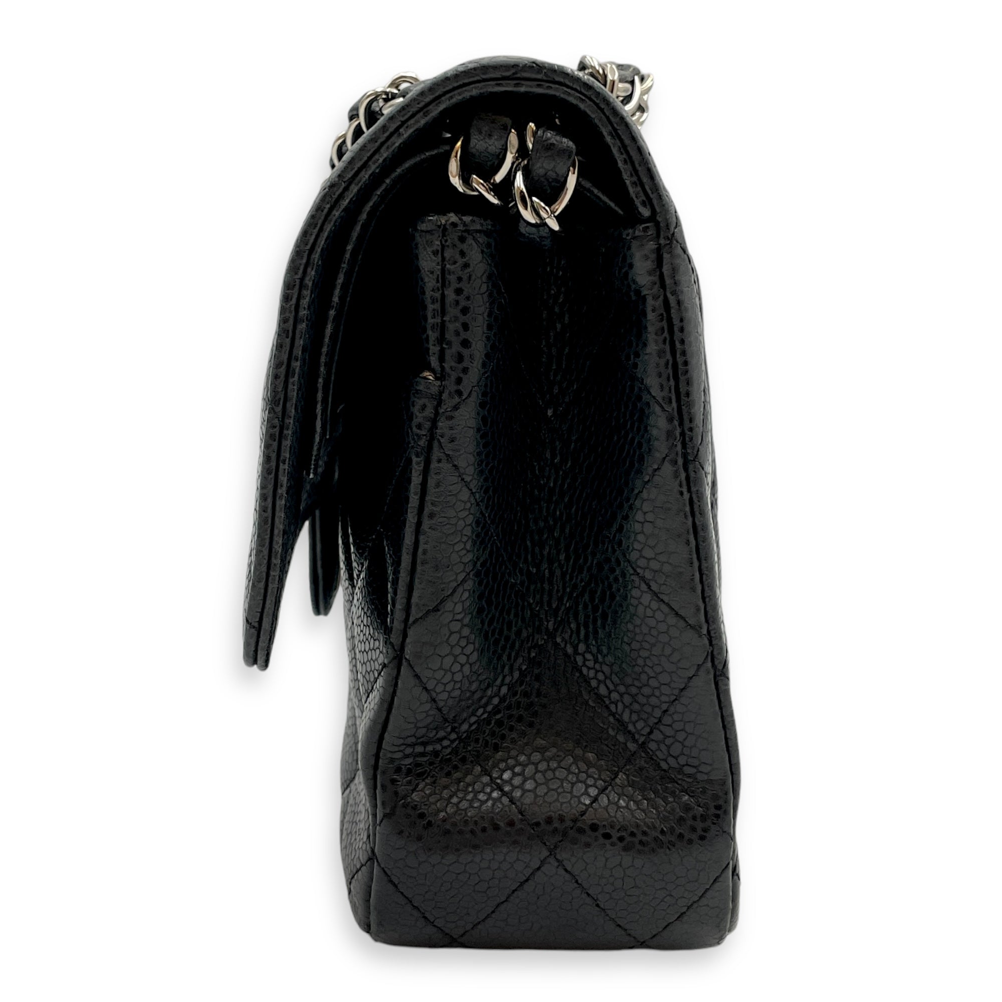 Classic Double Flap Medium Black Shoulder Bag in Caviar Leather, Silver hardware