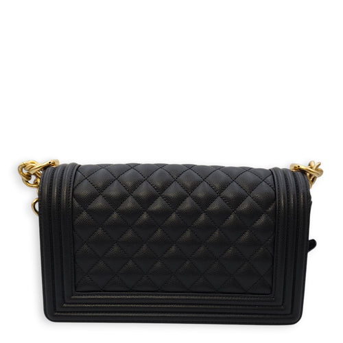 Quilted Boy Medium Black Crossbody Bag in Caviar Leather, Gold hardware