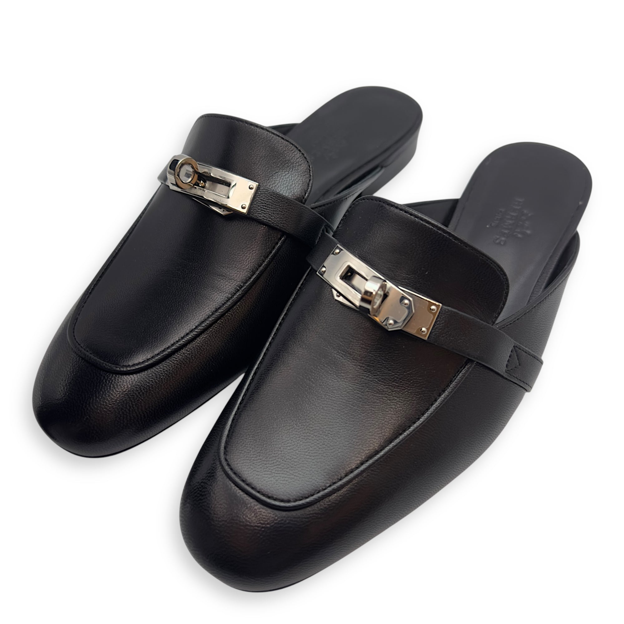 Oz Mule 36.5 Black Shoes in Nappa Palladium hardware
