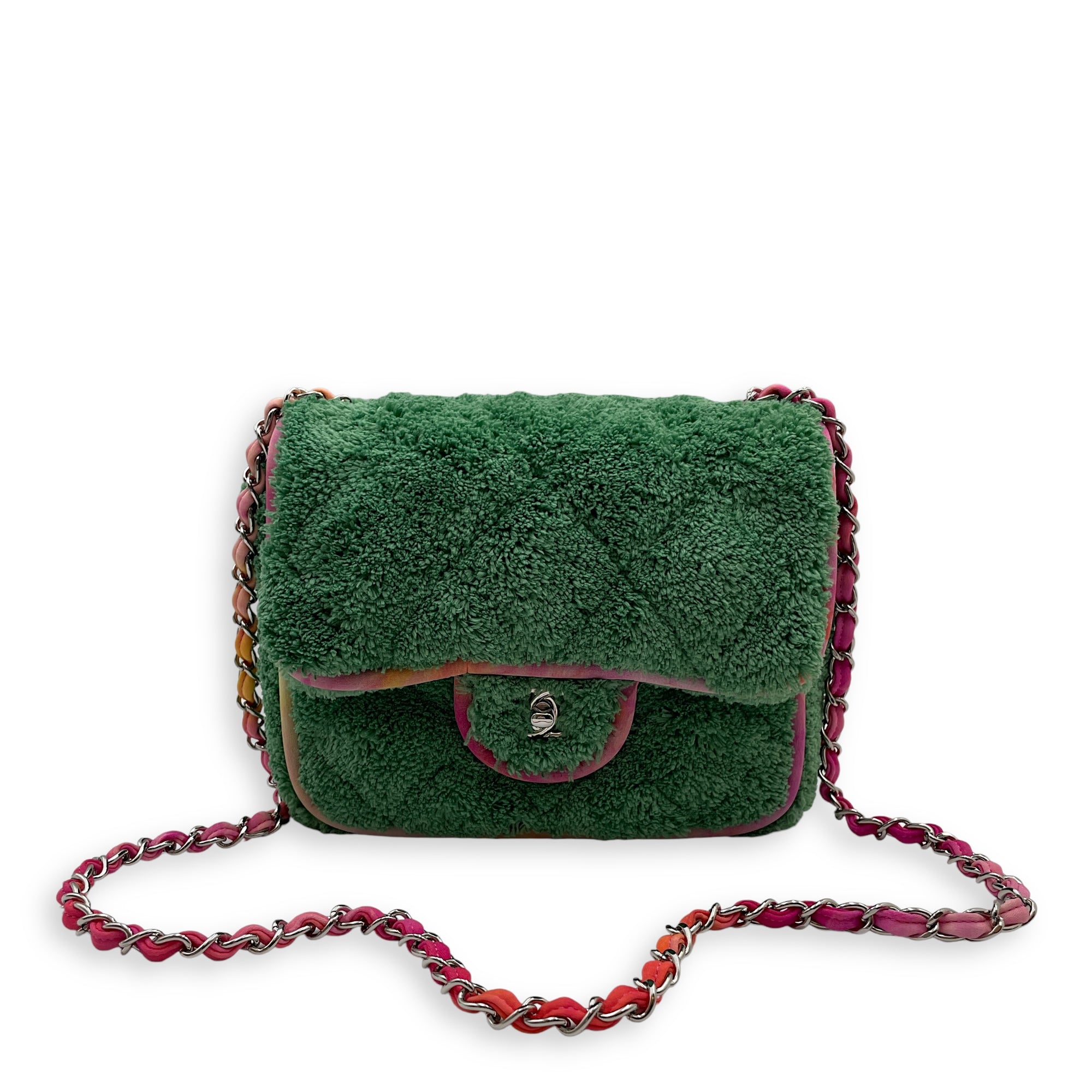 Seasonal Quilted Flap 21x18x7cm Green Crossbody Bag in Terry cloth, fabric, Silver hardware