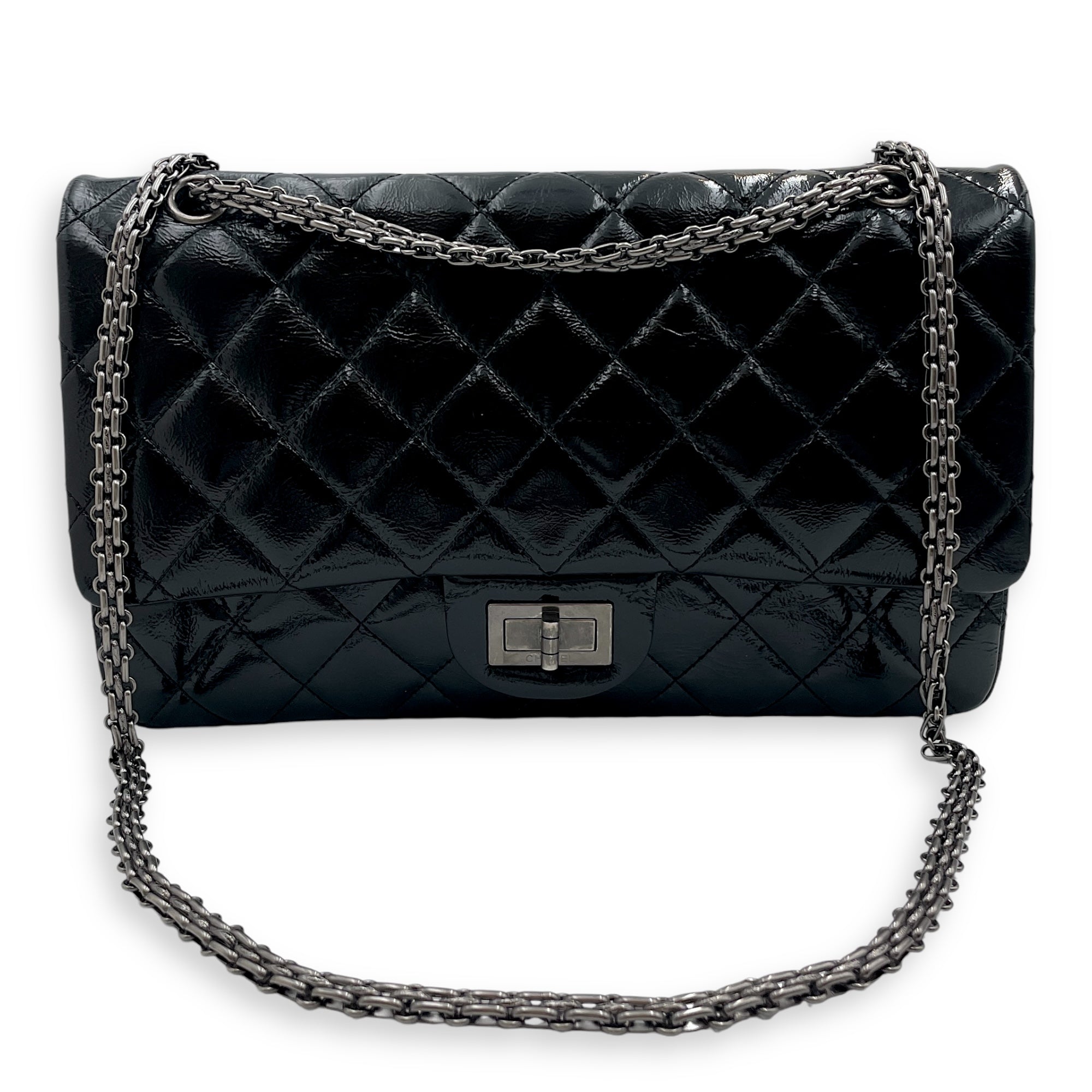 Quilted Reissue Flap 31x20x9cm Black Shoulder Bag in Patent Leather, Ruthenium-finish Brass hardware