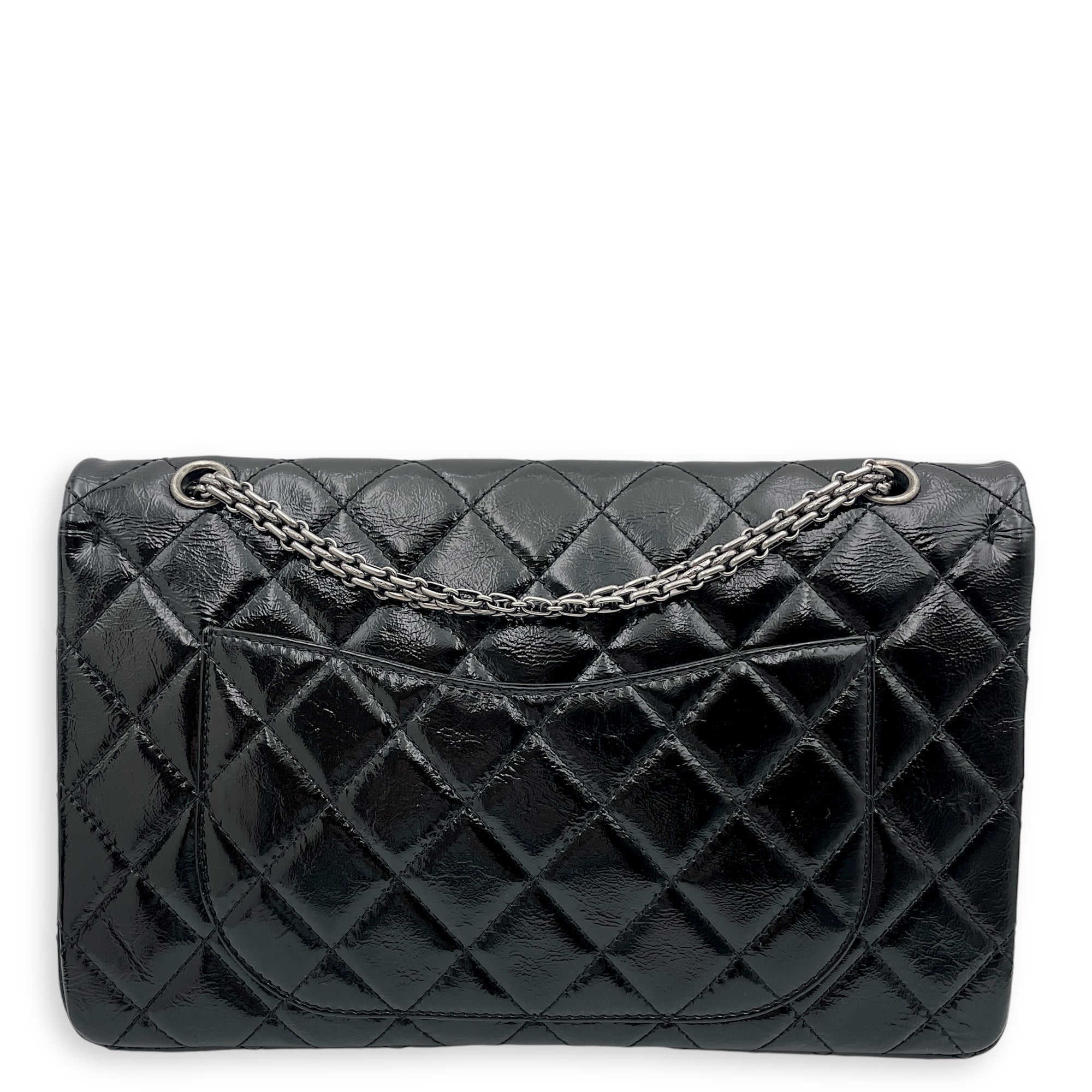 Quilted Reissue Flap 31x20x9cm Black Shoulder Bag in Patent Leather, Ruthenium-finish Brass hardware