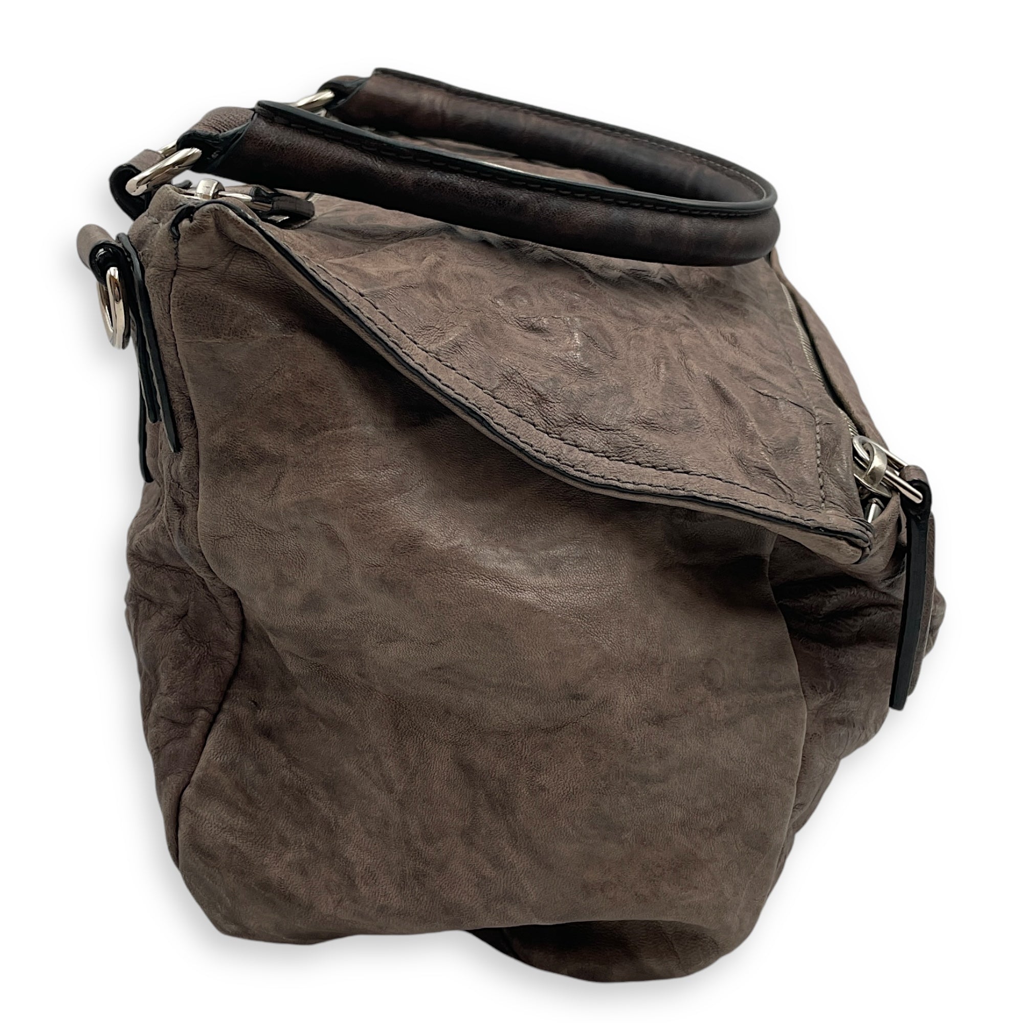 Pandora Medium Brown Shoulder Bag in Sheepskin, Silver hardware