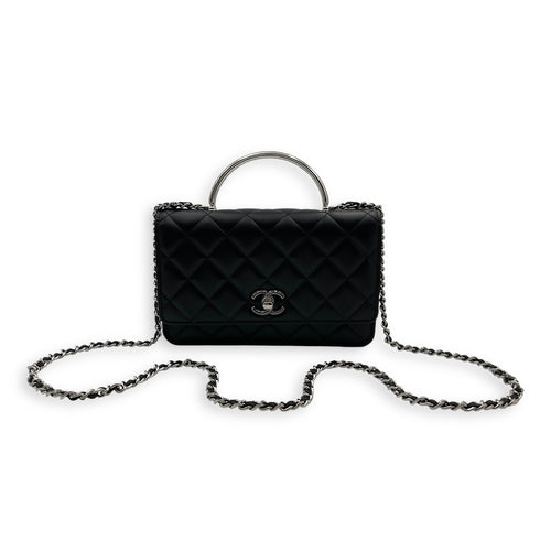 Seasonal Wallet-On-Chain with Top Handle Black Wallet On Chain in Lambskin, Silver hardware