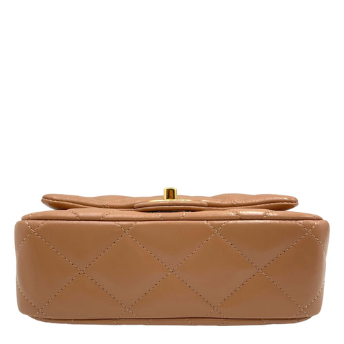 Seasonal Flap with Twist Top Handle 19x12x6.5cm Caramel Crossbody Bag in Glazed lambskin, Gold hardware