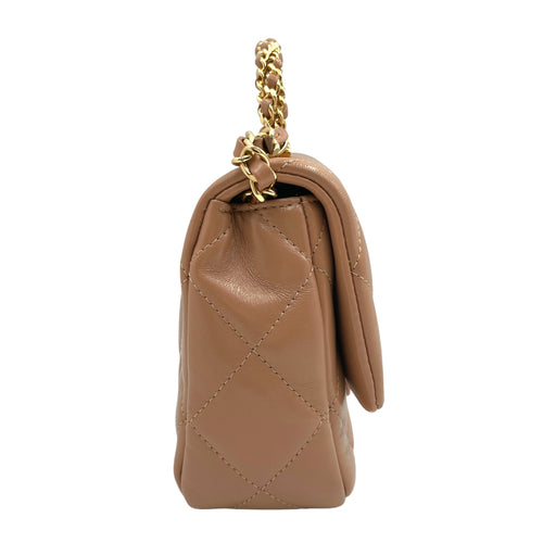 Seasonal Flap with Twist Top Handle 19x12x6.5cm Caramel Crossbody Bag in Glazed lambskin, Gold hardware