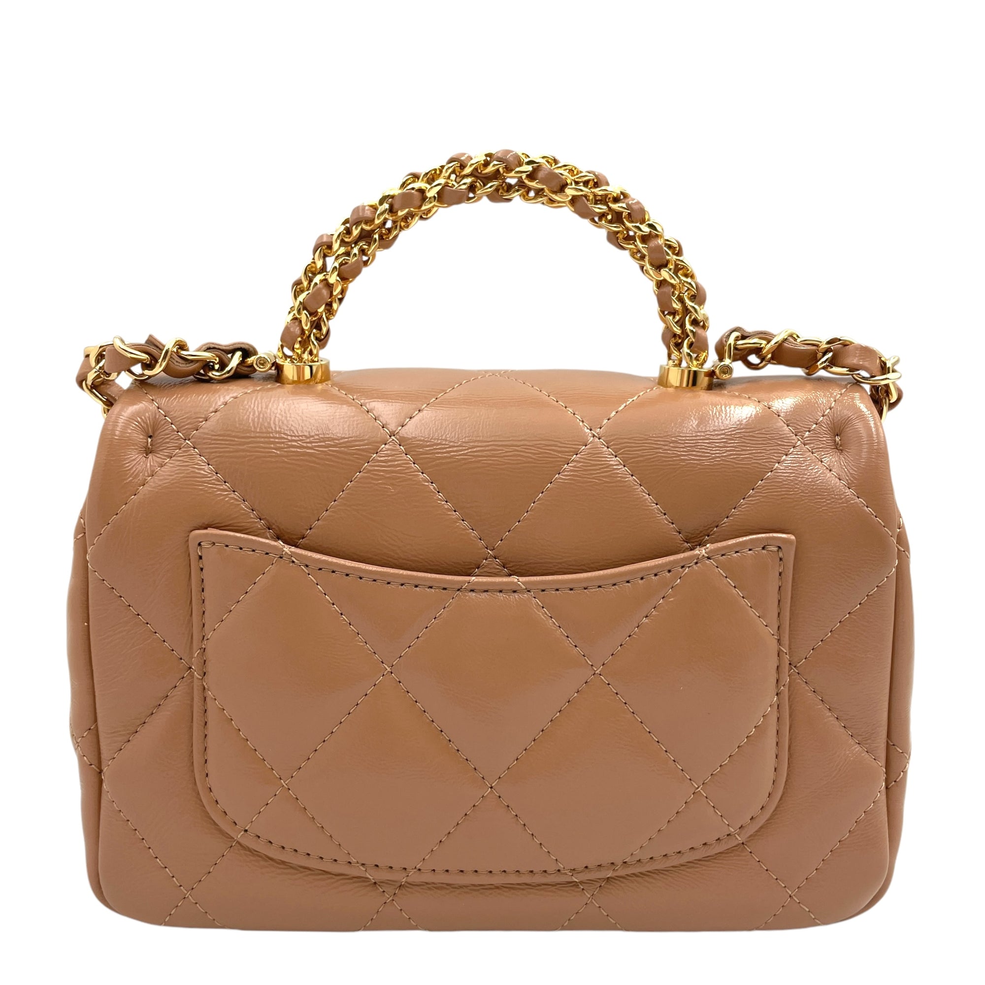 Seasonal Flap with Twist Top Handle 19x12x6.5cm Caramel Crossbody Bag in Glazed lambskin, Gold hardware