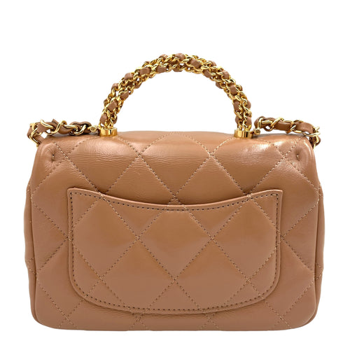 Seasonal Flap with Twist Top Handle 19x12x6.5cm Caramel Crossbody Bag in Glazed lambskin, Gold hardware