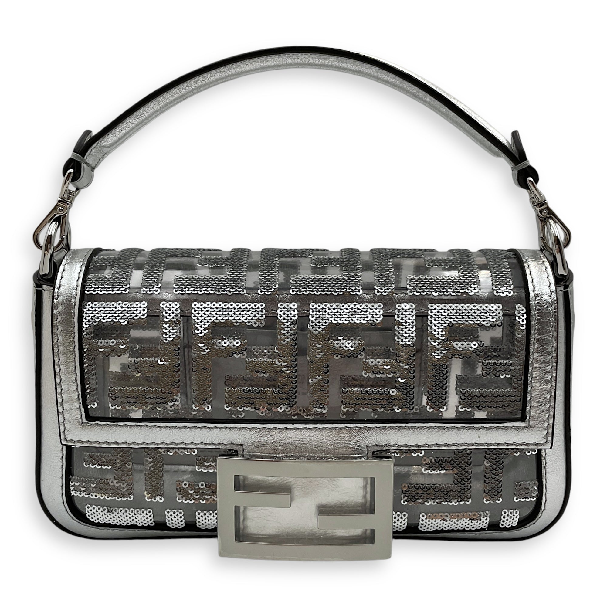 Mini Baguette 19x10x5cm Silver Crossbody Bag in Metallic calf, vinyl, sequins, Silver hardware