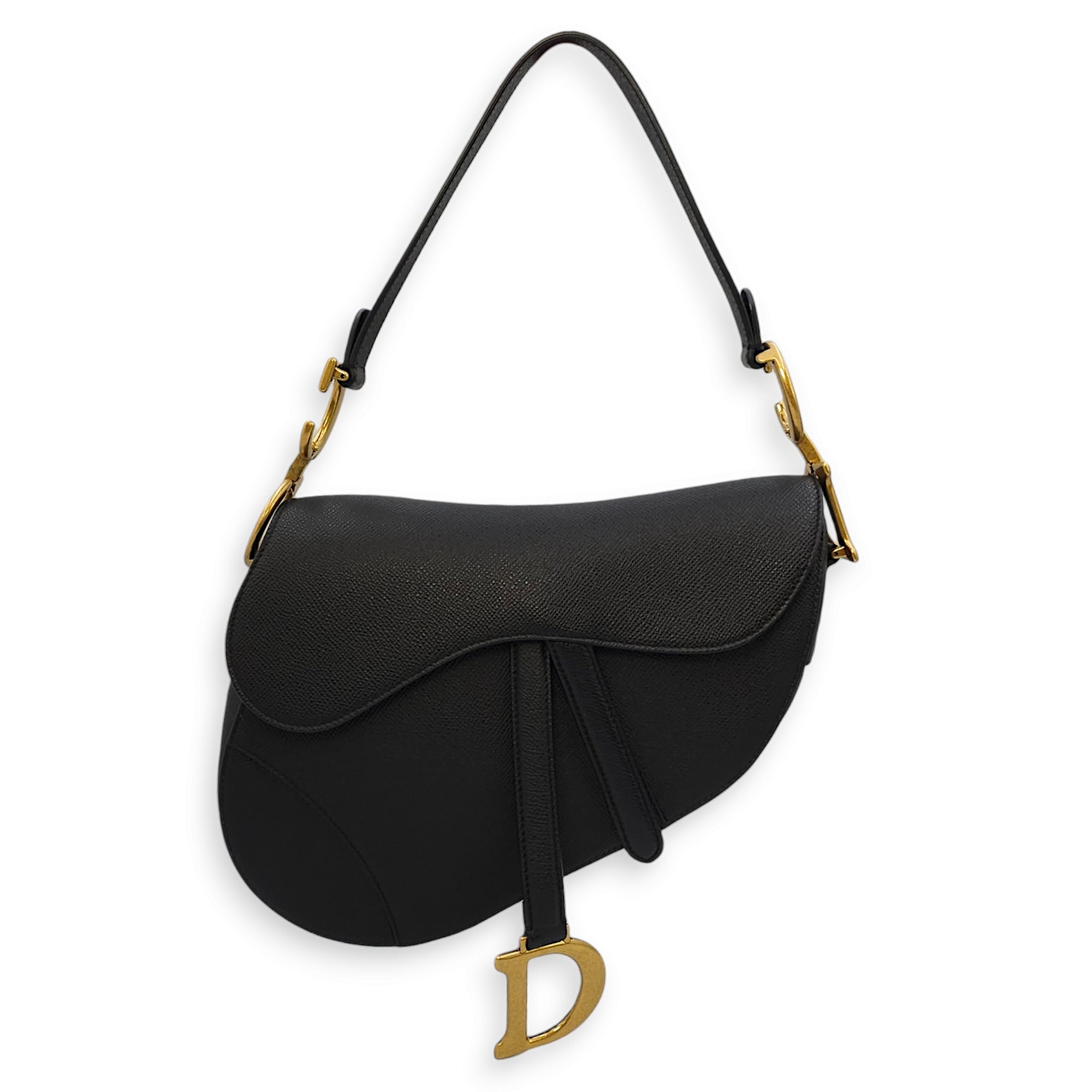 Saddle Medium Black Shoulder Bag in Grained Calf, Gold hardware