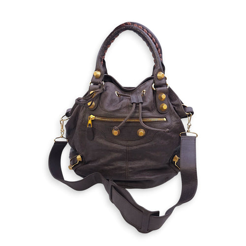 Pompon Large Dark brown Top Handle Bag in Distressed Leather, Gold hardware