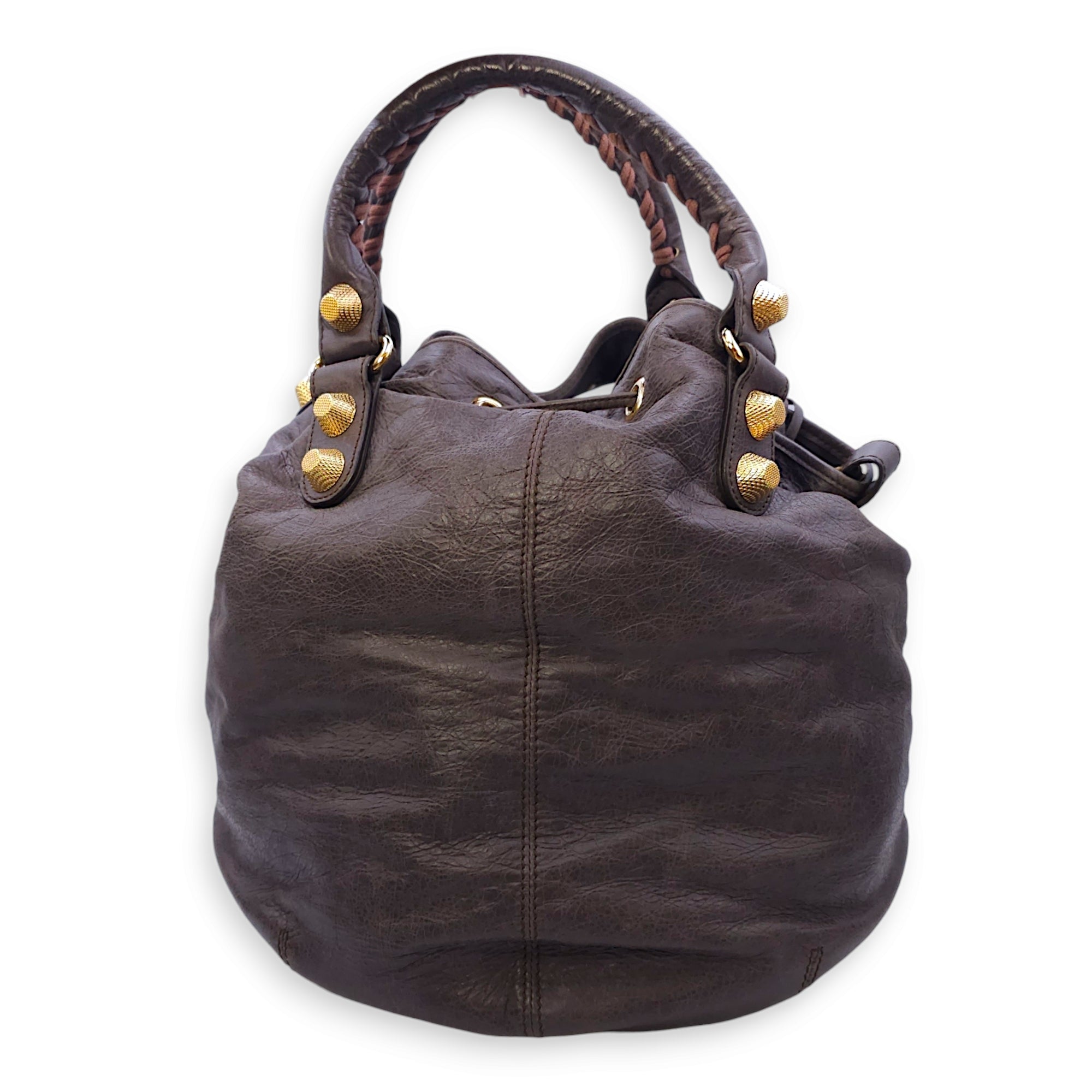 Pompon Large Dark brown Top Handle Bag in Distressed Leather, Gold hardware