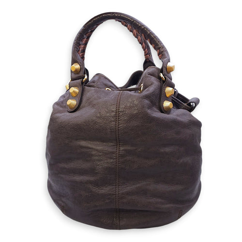 Pompon Large Dark brown Top Handle Bag in Distressed Leather, Gold hardware