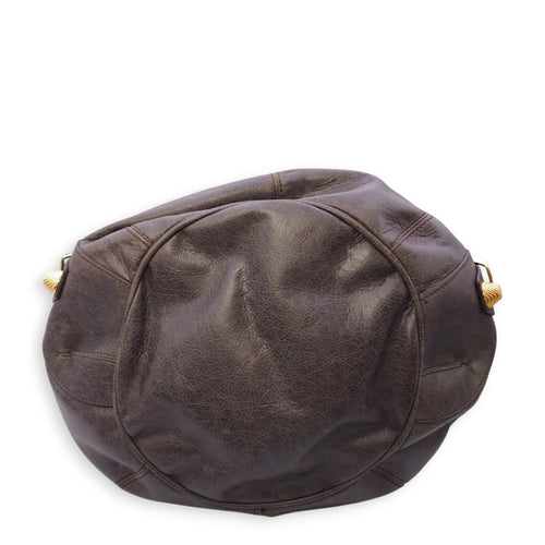 Pompon Large Dark brown Top Handle Bag in Distressed Leather, Gold hardware