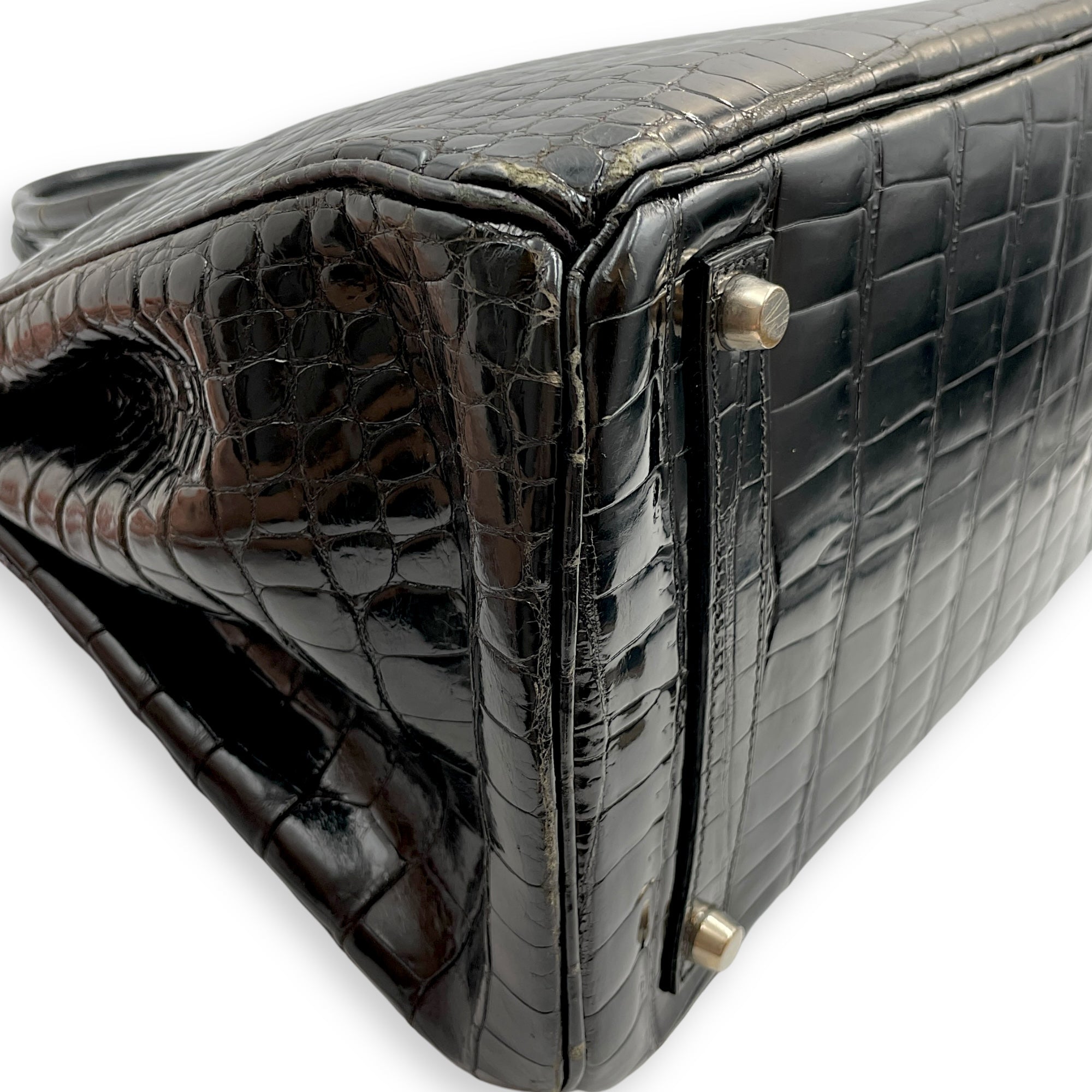 Birkin 35 Black in Shiny Porosus Palladium hardware C110446 10