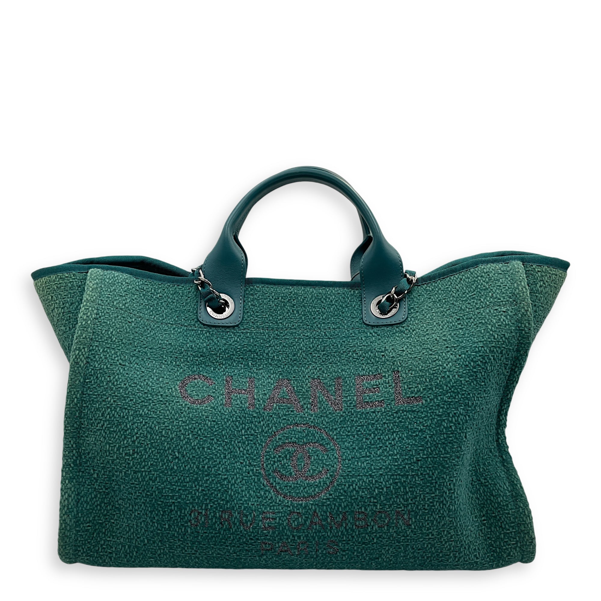 Deaville Large Green Tote Bag in Tweed, Silver hardware