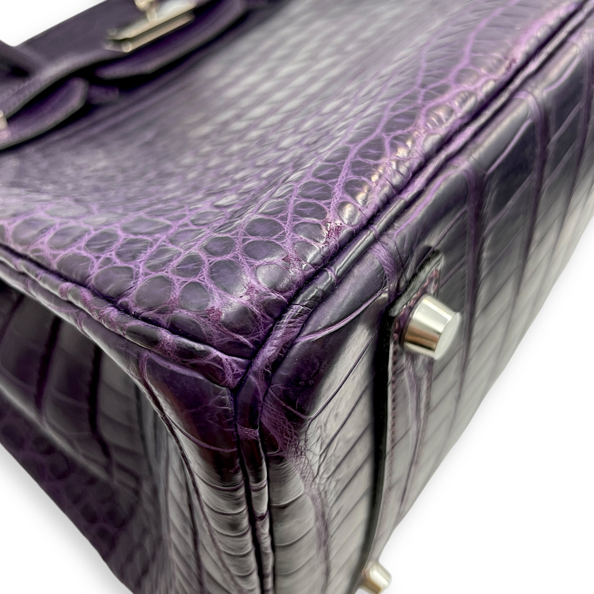 Birkin 35 Amethyst in Matte Porosus, Palladium hardware