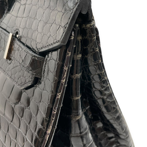 Birkin 35 Black in Shiny Porosus Palladium hardware C110446 7