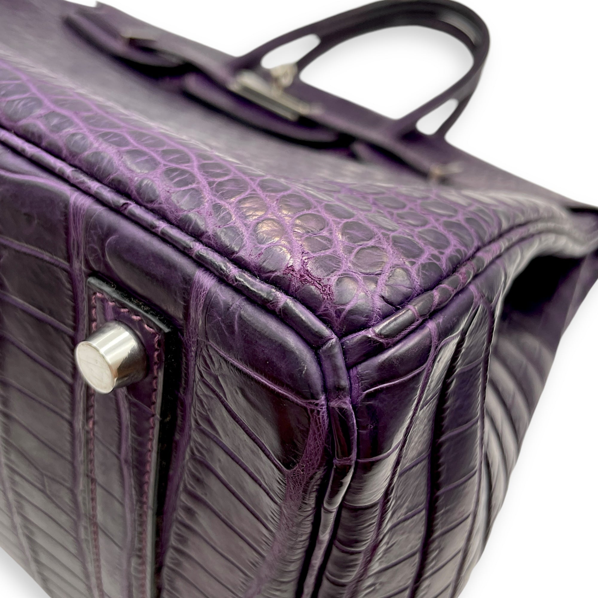 Birkin 35 Amethyst in Matte Porosus, Palladium hardware