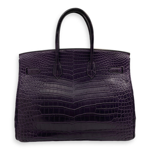 Birkin 35 Amethyst in Matte Porosus, Palladium hardware