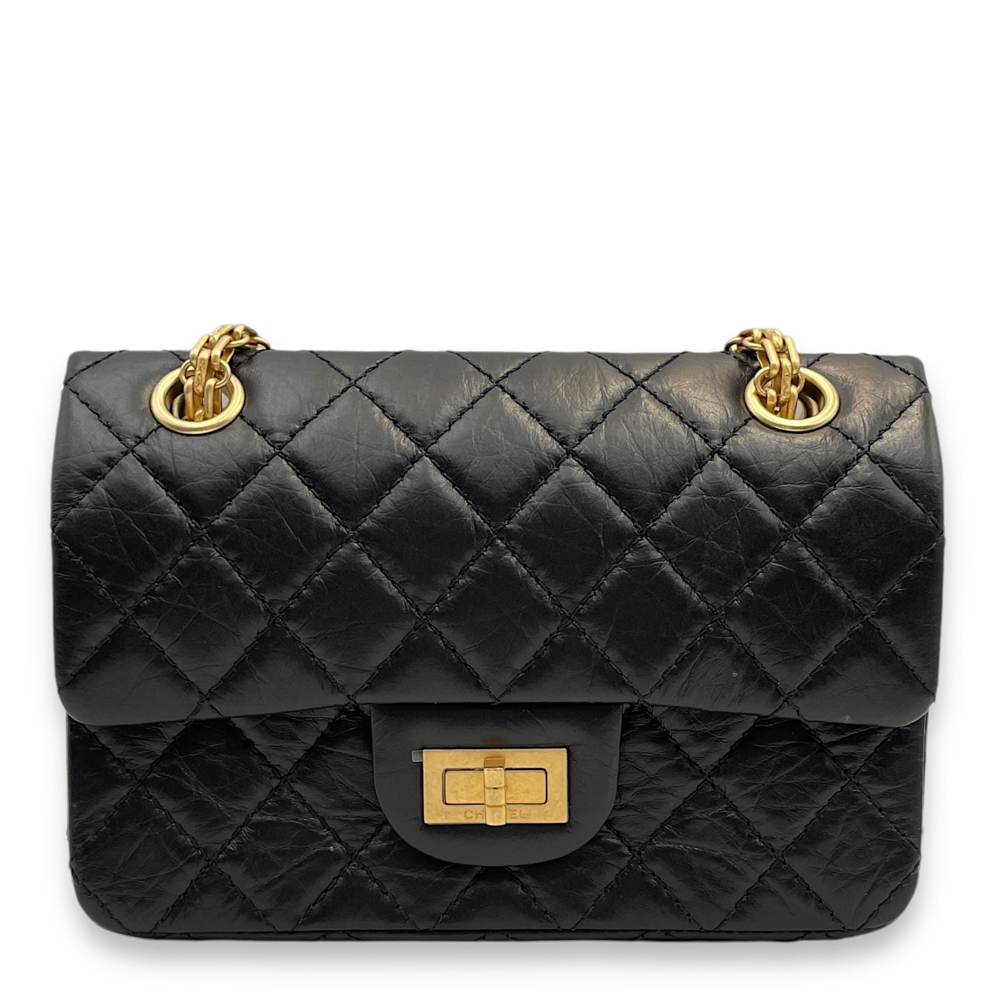 Reissue Flap Mini Black Crossbody Bag in Distressed Leather, Gold hardware