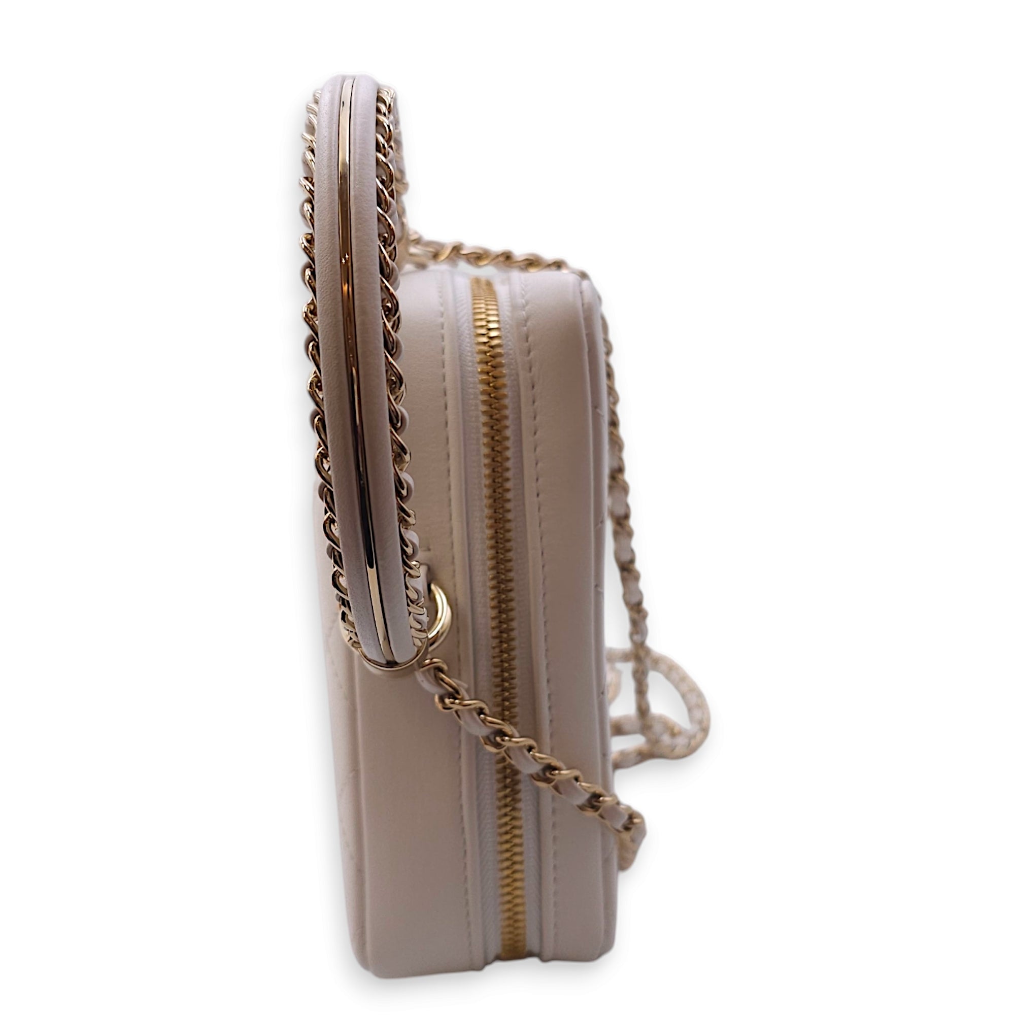 Quilted Camera Case with Round Handle 13x16x5.5cm White Shoulder Bag in Calfskin, Gold hardware