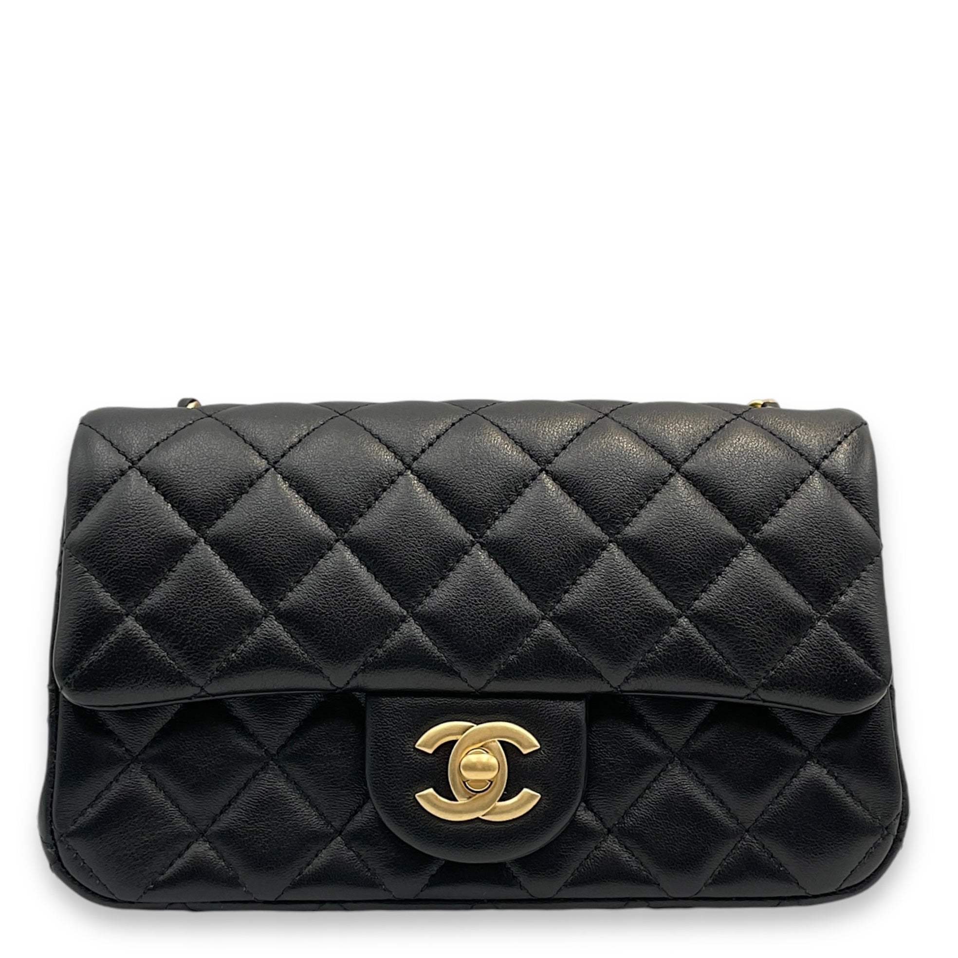 Pearl Crush Rectangle Mini Black Crossbody Bag in Lambskin, Gold hardware