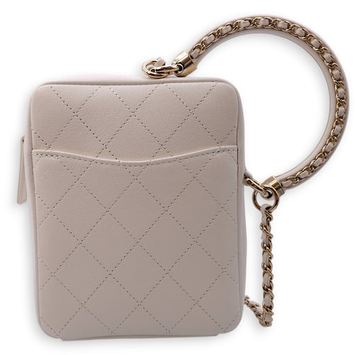 Quilted Camera Case with Round Handle 13x16x5.5cm White Shoulder Bag in Calfskin, Gold hardware