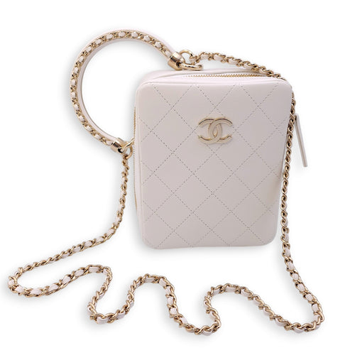 Quilted Camera Case with Round Handle 13x16x5.5cm White Shoulder Bag in Calfskin, Gold hardware