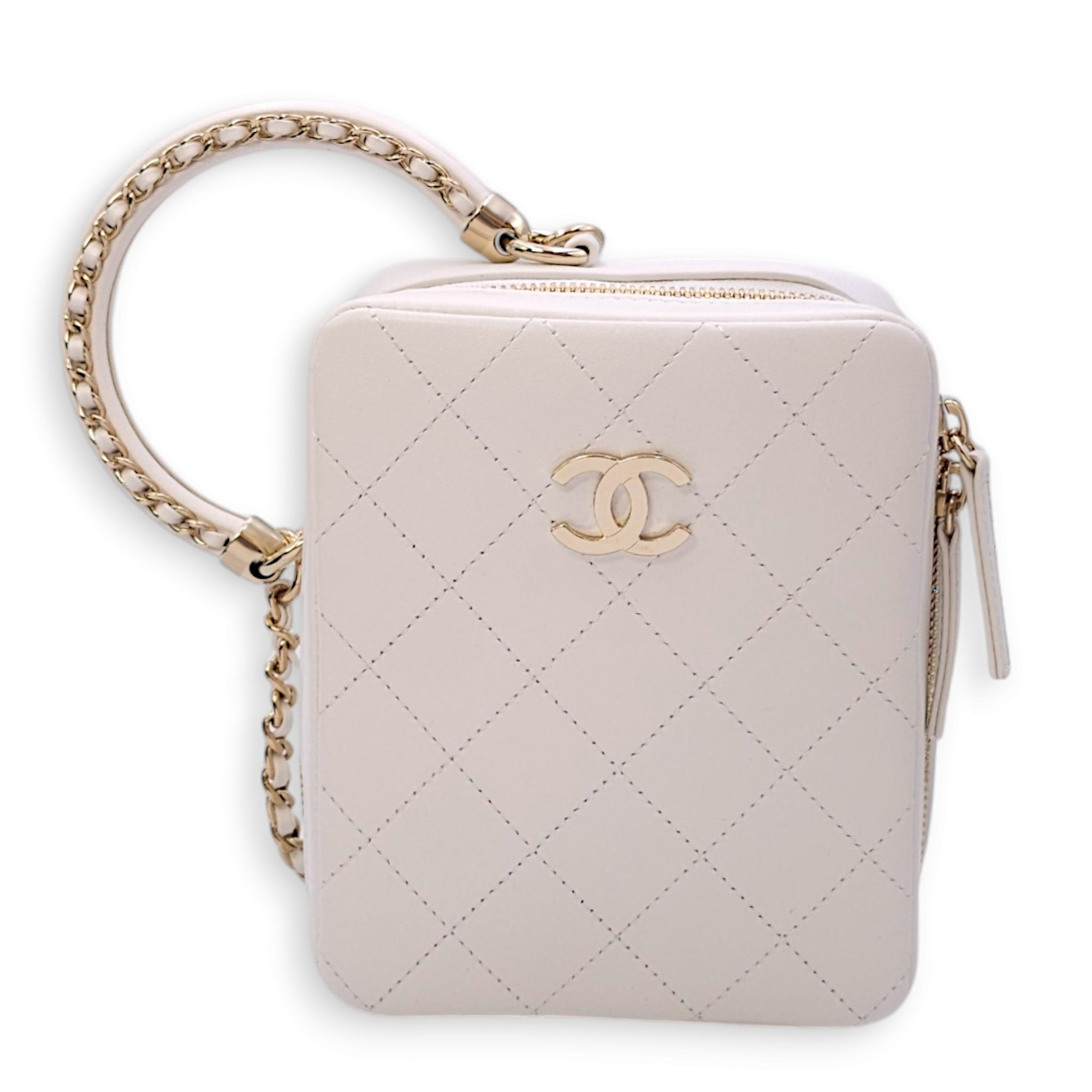 Quilted Camera Case with Round Handle 13x16x5.5cm White Shoulder Bag in Calfskin, Gold hardware