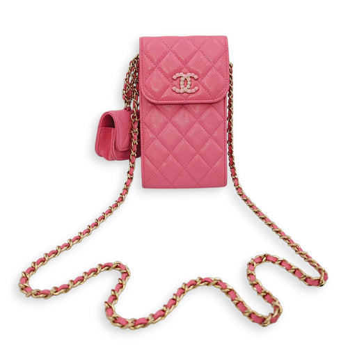 CC Phone & Airpod Holder Pink Crossbody Bag in Caviar Leather, Gold hardware