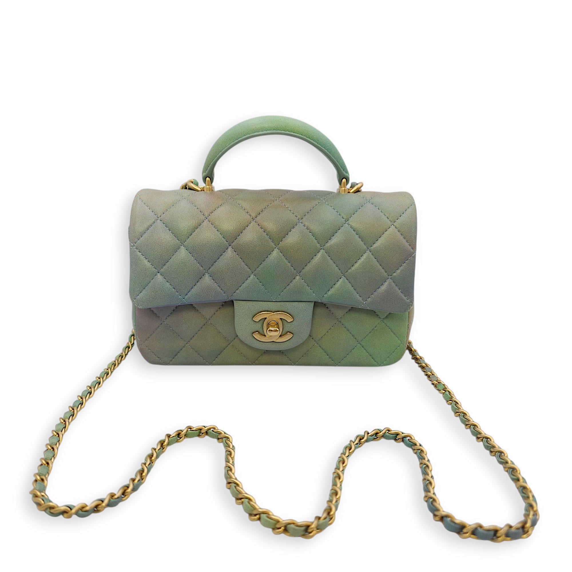 Rectangle with Top Handle Mini Green Crossbody Bag in Lambskin, Gold hardware